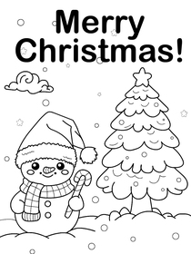 Cute Christmas coloring page featuring a cheerful snowman and festive holiday tree.