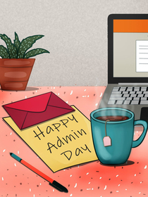 Thank your admin! Cozy desk scene card for Administrative Professionals' Day. Shows appreciation.