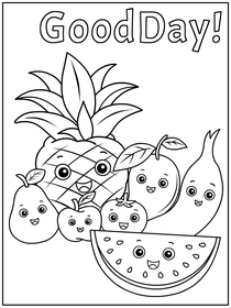 Coloring card! Featuring cheerful, personified fruit characters