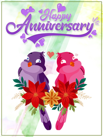 Romantic anniversary card with cute lovebirds and florals—sweet, colorful