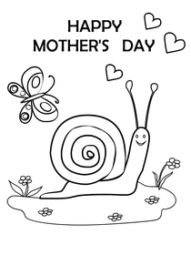 Mother's Day coloring card featuring a cute snail, butterfly, hearts, and flowers—perfect for kids!