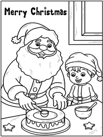 Joyful Christmas coloring card with Santa and elf decorating a festive holiday cake!