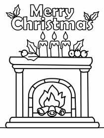 "Merry Christmas" coloring card with cozy fireplace scene—perfect for kids