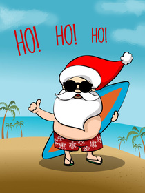 Cool Santa in sunglasses, board shorts, and flip flops, surfing on a beach with palm trees Christmas