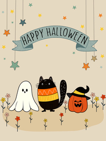 This cute Happy Halloween card with a ghost, cat, and pumpkin is ideal for kids