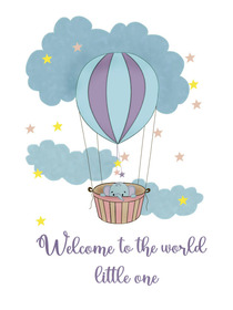 Baby welcome congratulations card with a cute elephant in a hot air balloon celebrating new arrival