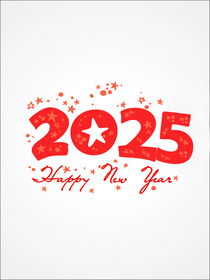 "2025 Happy New Year" card with bold, festive red design and stars, ideal for celebratory greetings.