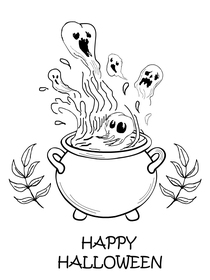 Spooky cauldron brews up ghostly fun—perfect Halloween Coloring card
