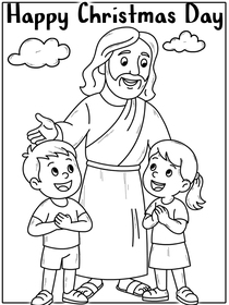 Christmas coloring card: Jesus and two children. Perfect educational activity