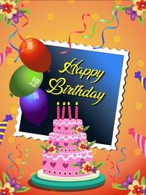 Vibrant birthday card features a pink cake, balloons, and streamers, perfect for celebrations.