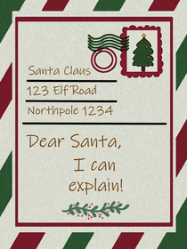 A letter to Santa and a cute Christmas tree stamp on it. A humorous, festive Christmas card