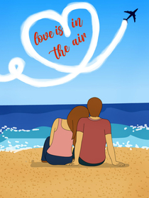 A romantic Valentine's card featuring a couple by the sea with "Love is in the air"
