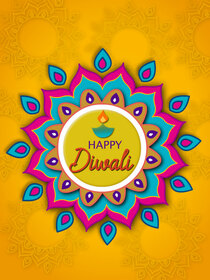 This Happy Diwali card features a rangoli design, and diya, evoking a festive, joyful spirit.