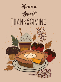 Happy Thanksgiving card featuring pumpkin pie, caramel apples, and fall treats