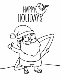 A fun holiday-themed coloring card featuring a surfing Santa, ideal for kids