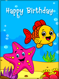 Birthday card with cute fish and starfish—perfect for kids