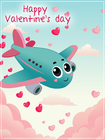 Cheerful plane: a bright, heart-filled Valentine's card