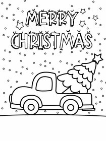 A charming Christmas coloring card with a truck and tree, perfect for engaging kids in holiday fun.
