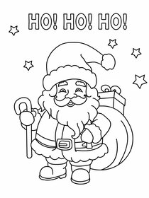 Yay! It's Santa! Let's color him red and white. He has a big sack of presents and a candy cane.