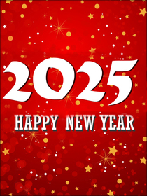 "2025 Happy New Year" card in vibrant red with starry background, perfect for festive celebrations.