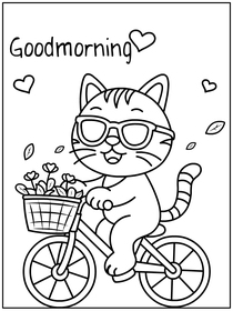 Goodmorning coloring card cat riding a bicycle with a flower basket