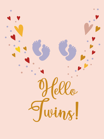 Adorable twins card featuring baby footprints and hearts