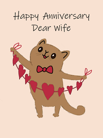 This cute "Happy Anniversary Dear Wife" card features a playful cat holding hearts
