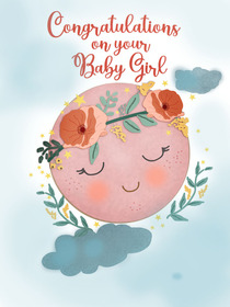 A charming baby girl congratulatory card featuring a soft pastel moon illustration with flowers.